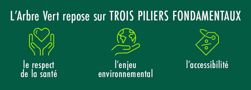 Visuel : L'Arbre Vert repose sur trois piliers fondamentaux : le respect de la santé, l'enjeu environnemental et l'accessibilité.