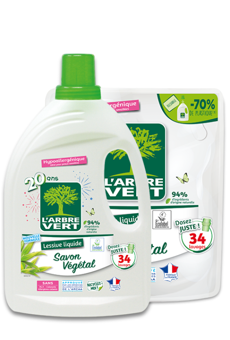 L'ARBRE VERT - Lessive Liquide au Savon Végétal - Hypoallergénique - Sans  allergènes - 45 lavages - Certifiée Écolabel Européen - Approuvée par les  médecins allergologues de l'ARCAA-2 l (Lot de 1) : : Hygiène et  Santé